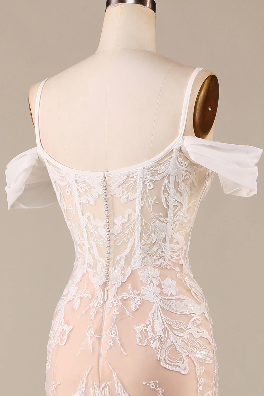 Robe de mariée longue sirène au champagne avec dentelle - Image 5