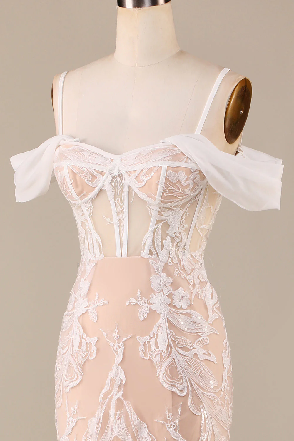 Robe de mariée longue sirène au champagne avec dentelle - Image 6