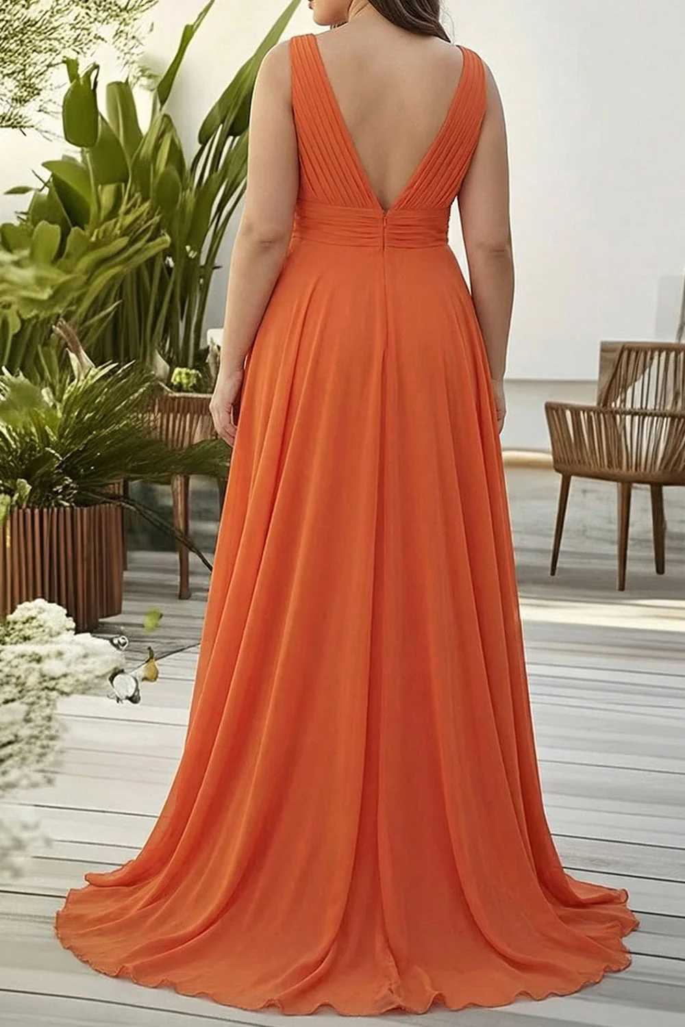 Robe de mariée longue taille en chiffon orange à volants en V - Image 2