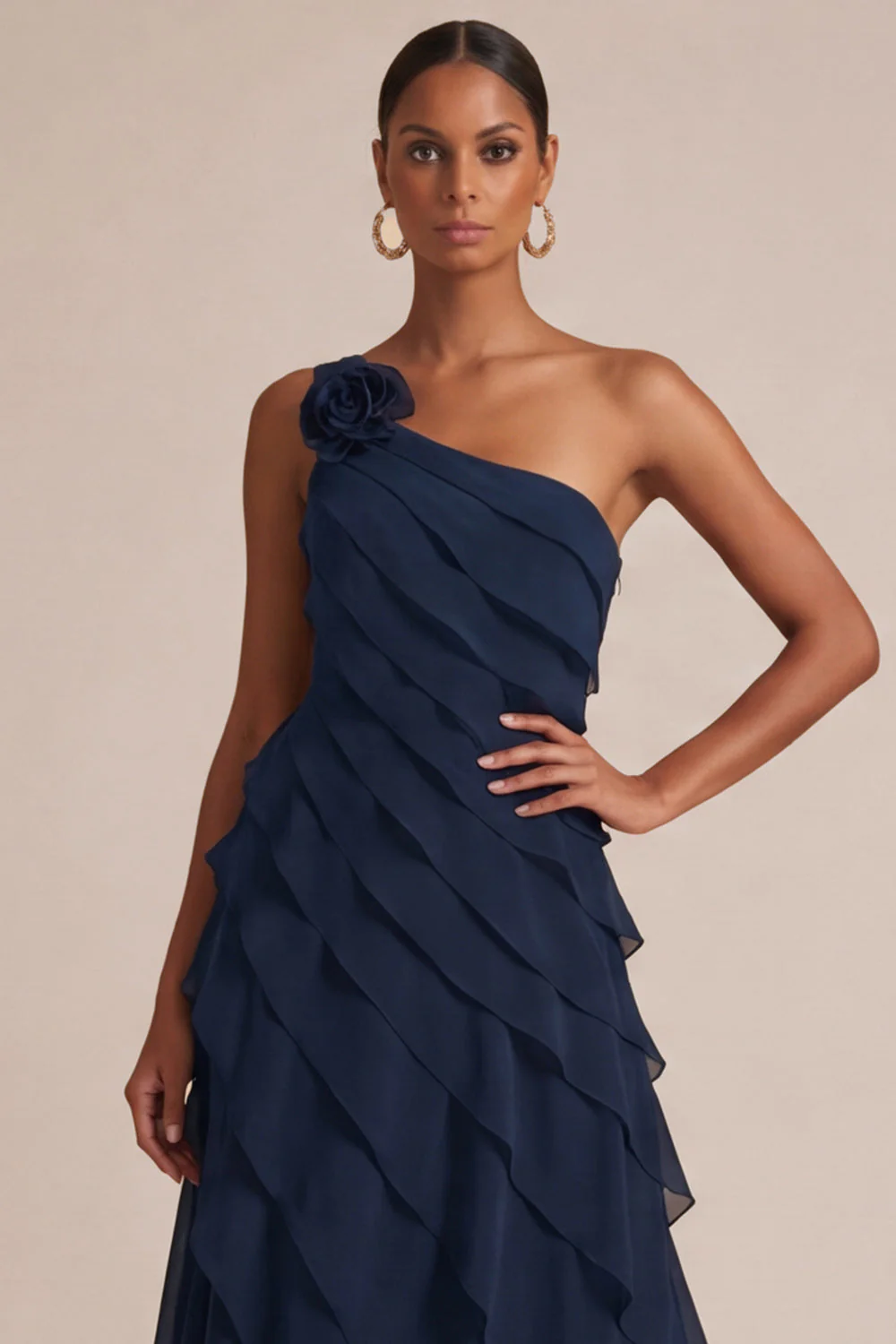 Robe de mariée marine à une épaule A Long avec une fleur 3D - Image 3