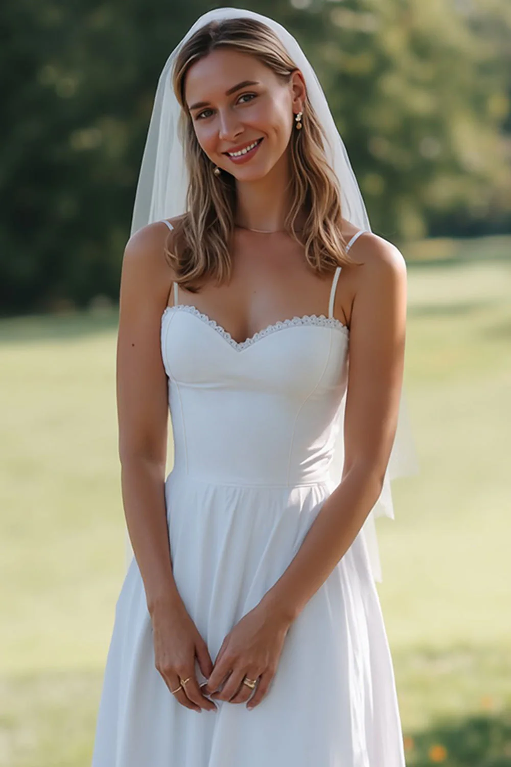 Robe de mariée Midi à bretelles blanches en dentelle A Line - Image 3