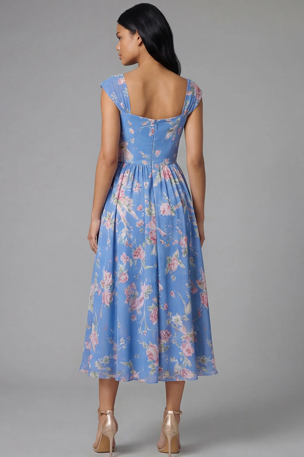 Robe de mariée Midi à écarture à col carré en chiffon bleu à motifs floraux froncés - Image 2