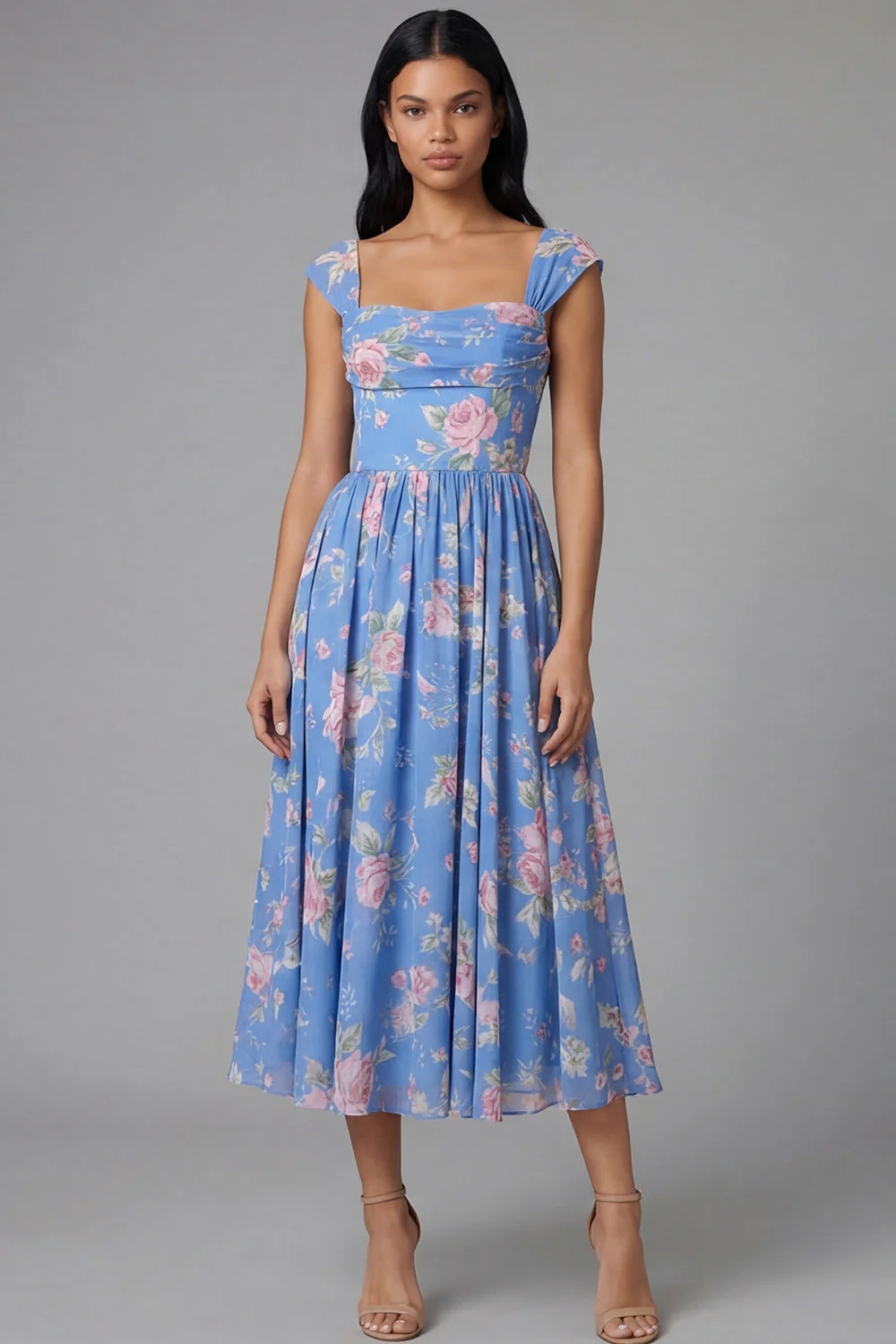 Robe de mariée Midi à écarture à col carré en chiffon bleu à motifs floraux froncés - Image 3