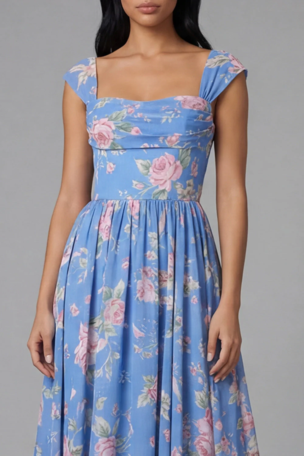 Robe de mariée Midi à écarture à col carré en chiffon bleu à motifs floraux froncés - Image 4