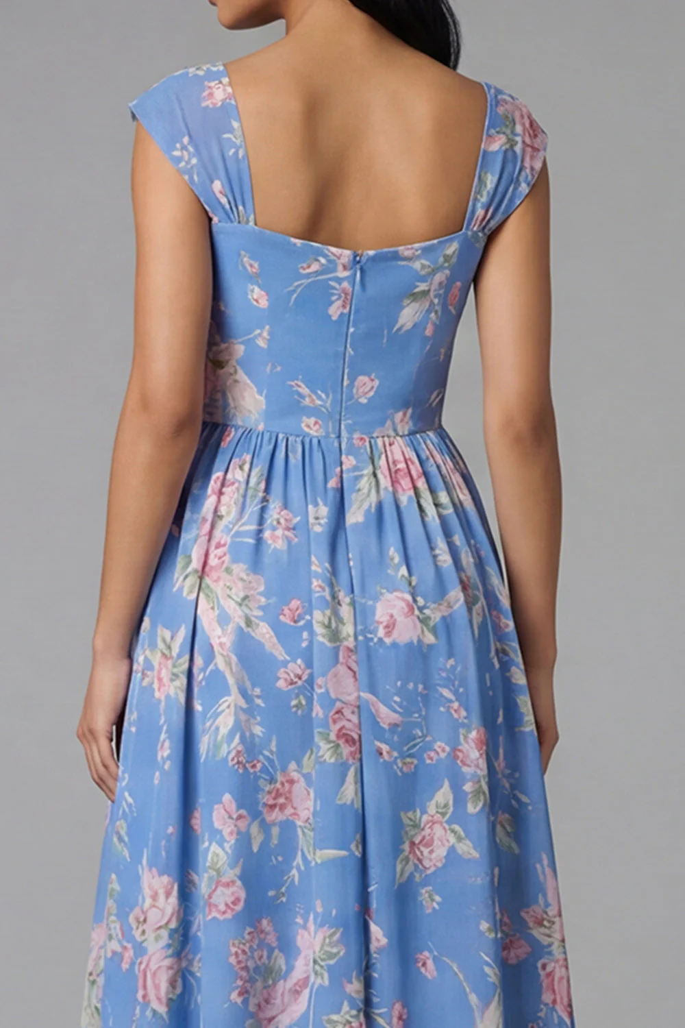 Robe de mariée Midi à écarture à col carré en chiffon bleu à motifs floraux froncés - Image 5