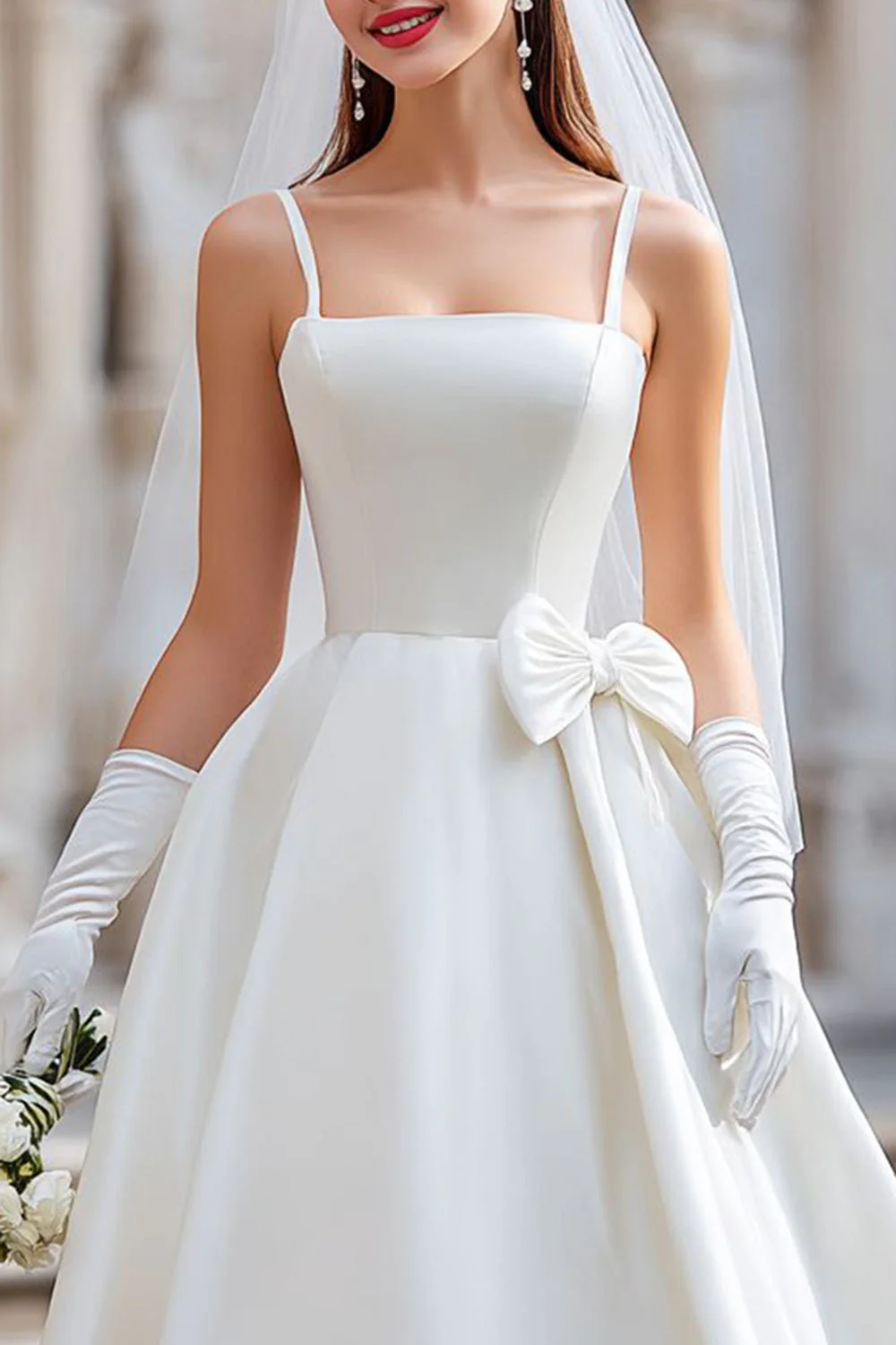 Robe de mariée Midi blanche à bretelles fines avec nœud - Image 3