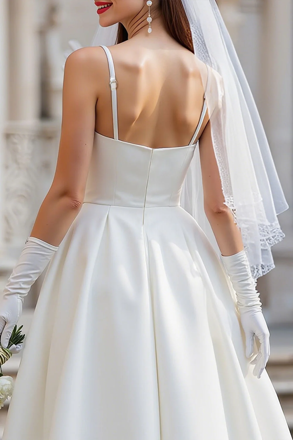 Robe de mariée Midi blanche à bretelles fines avec nœud - Image 4