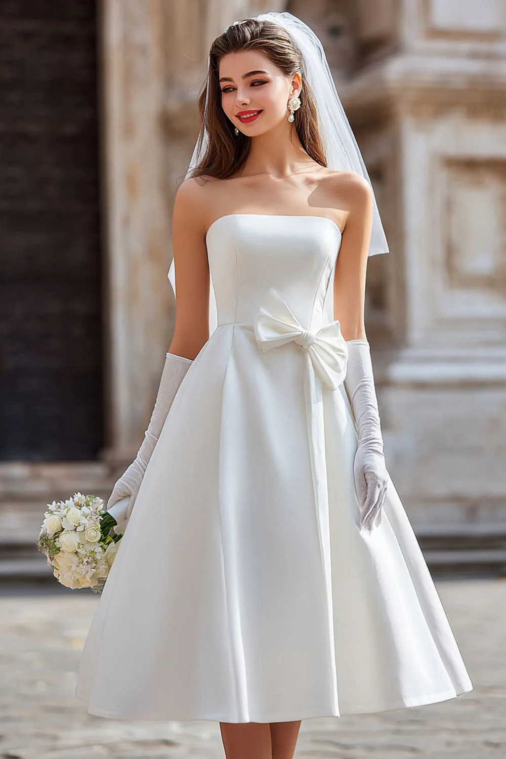 Robe de mariée midi blanche sans bretelles A Line avec nœud (sans gants)