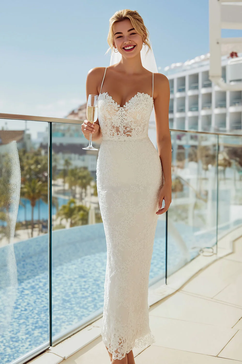 Robe de mariée midi en dentelle ivoire à bretelles fines