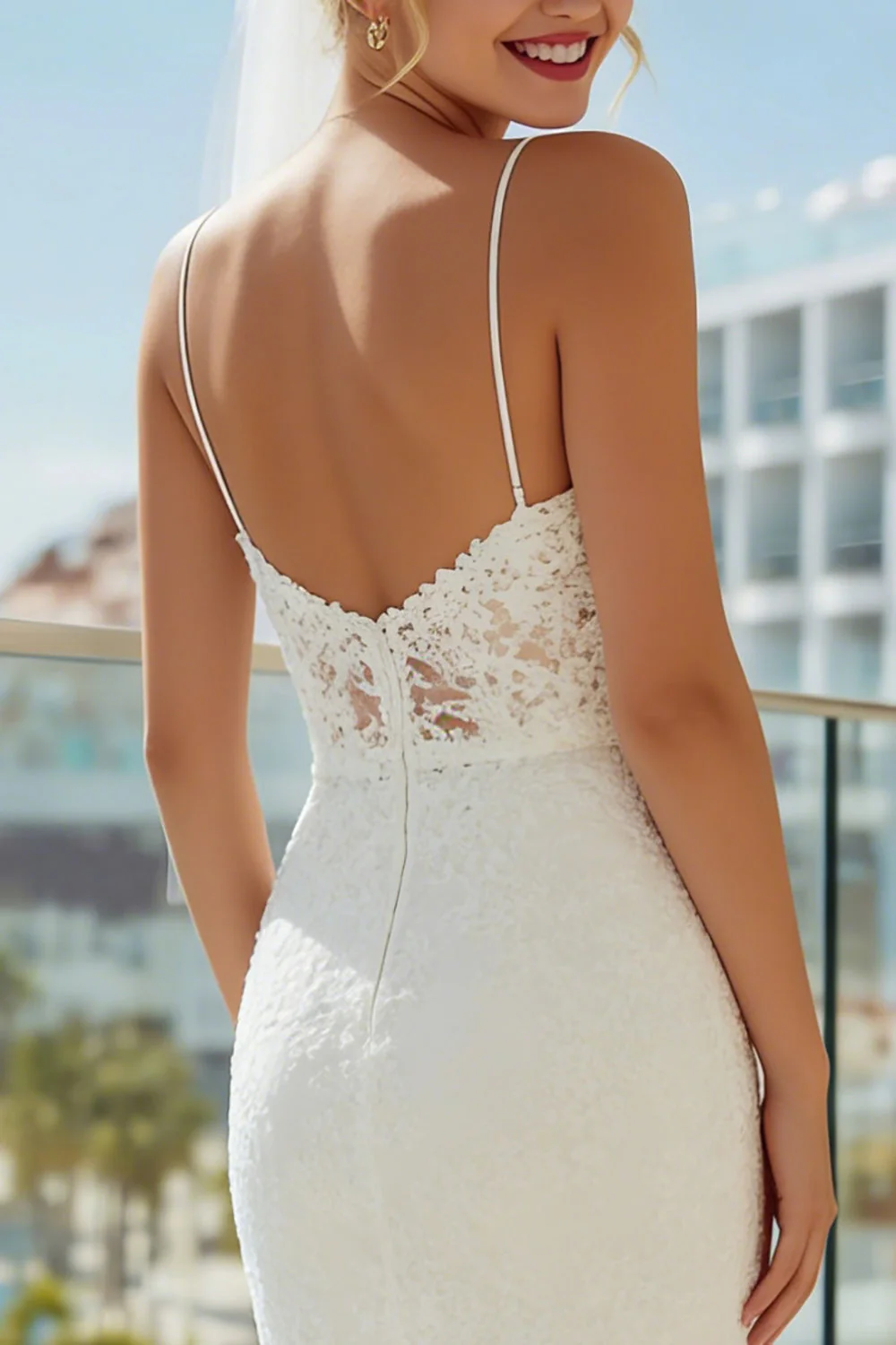Robe de mariée midi en dentelle ivoire à bretelles fines - Image 4