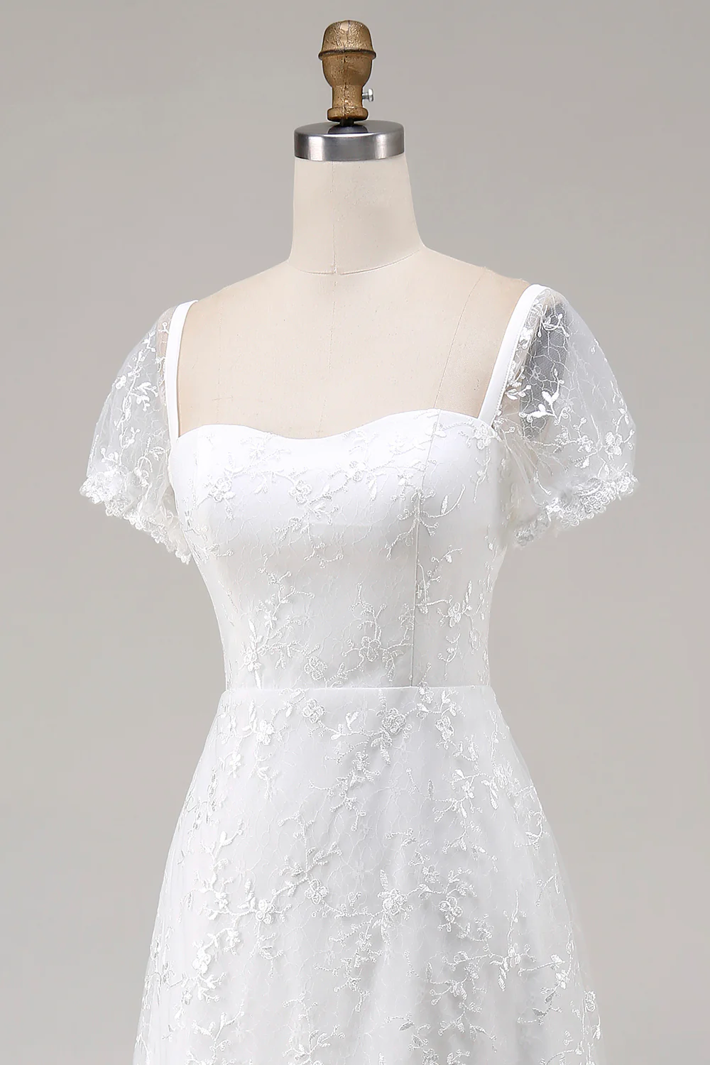 Robe de mariée midi en dentelle ivoire avec manches courtes - Image 10