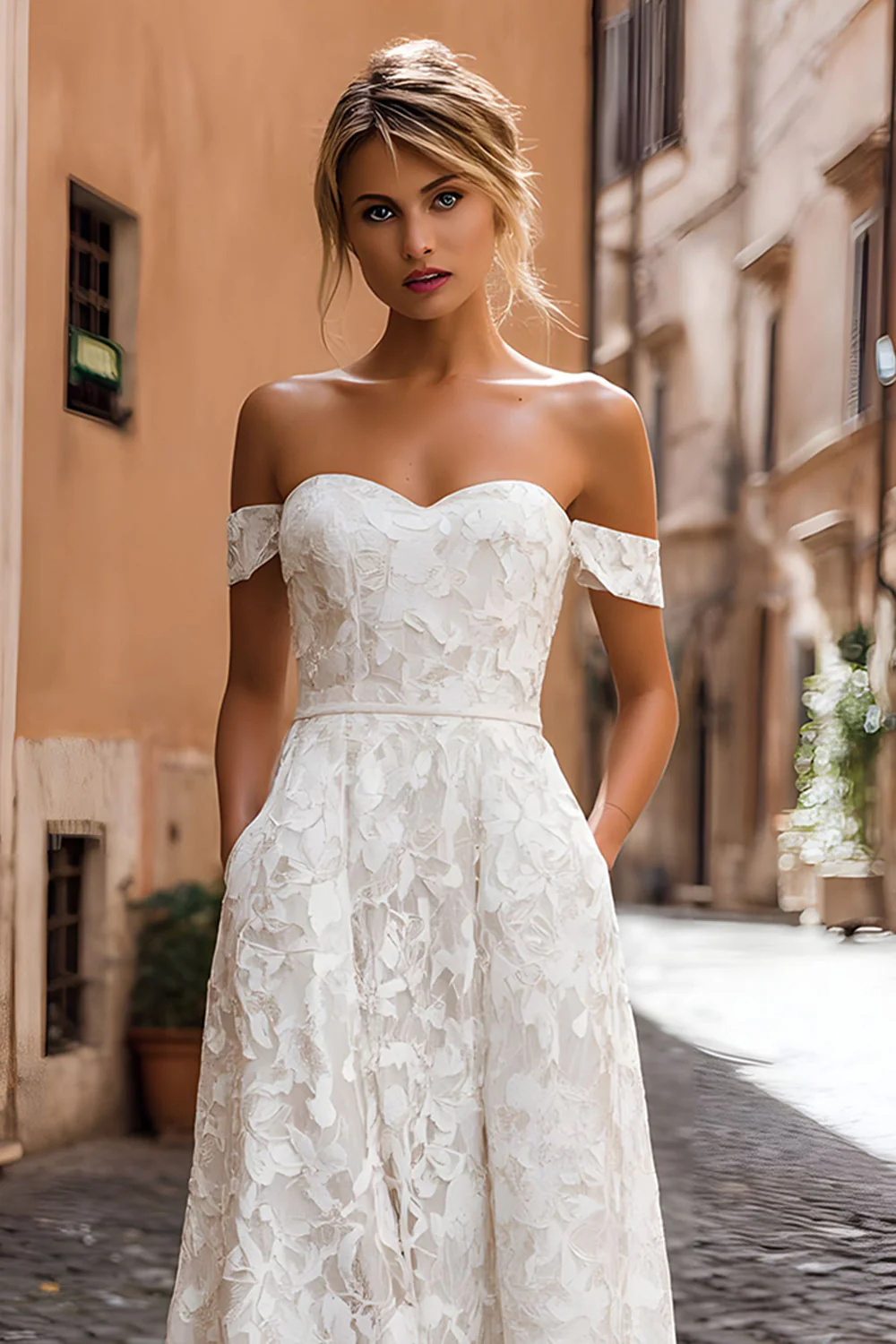 Robe de mariée midi en dentelle trapèze blanche avec appliques - Image 3