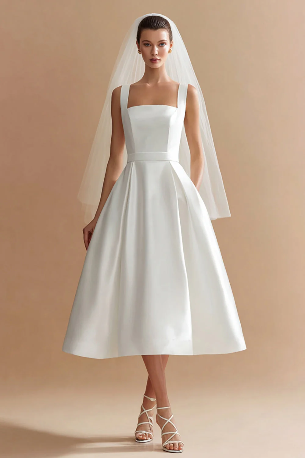 Robe de mariée midi en satin blanc à col carré