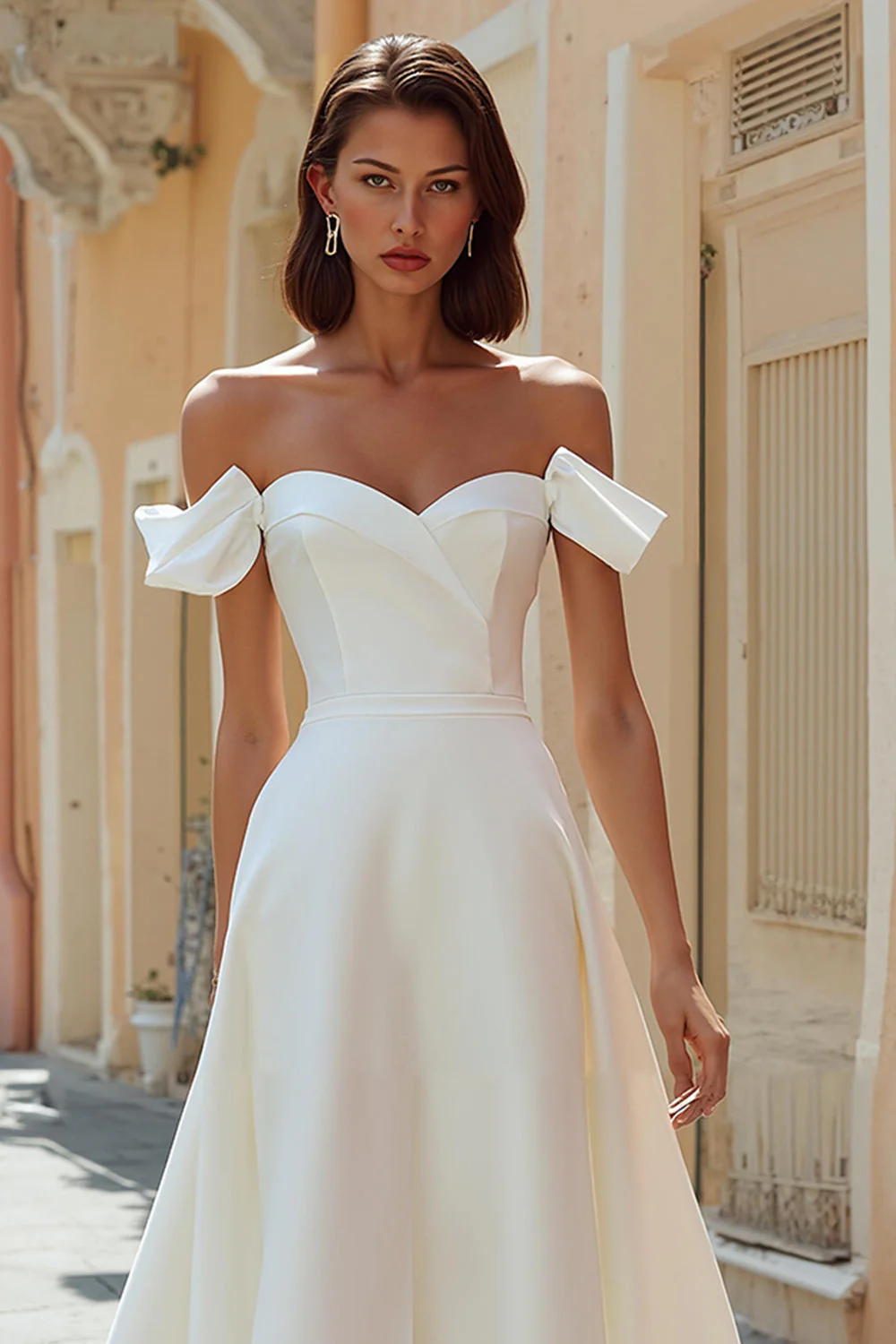 Robe de mariée midi en satin blanc à épaules dénudées - Image 3