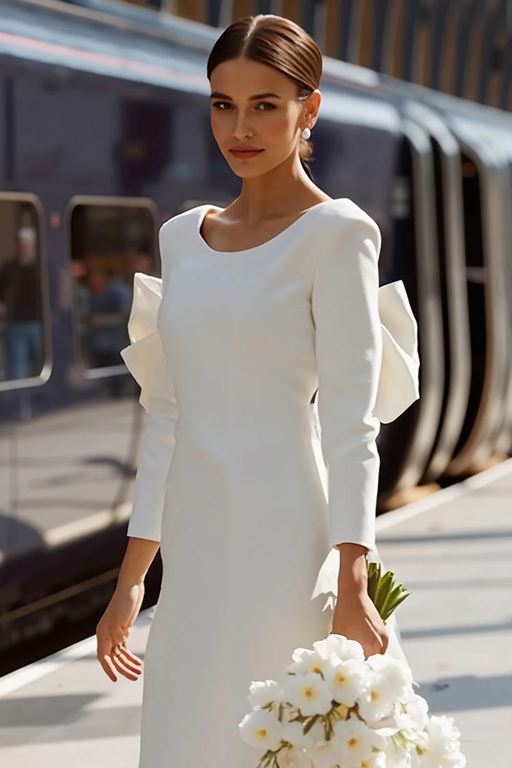 Robe de mariée midi moulante blanche à col rond à manches longues avec noeud - Image 4