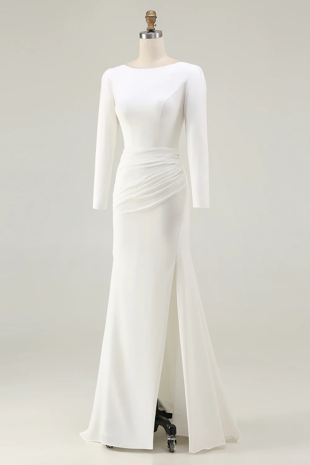 Robe de mariée moulante en satin ivoire à col bateau avec fente - Image 5