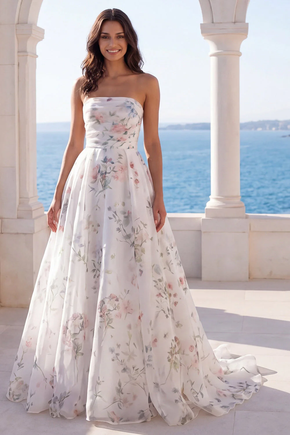 Robe de mariée sans bretelles A Line imprimée en ivoire avec traîne de chapelle