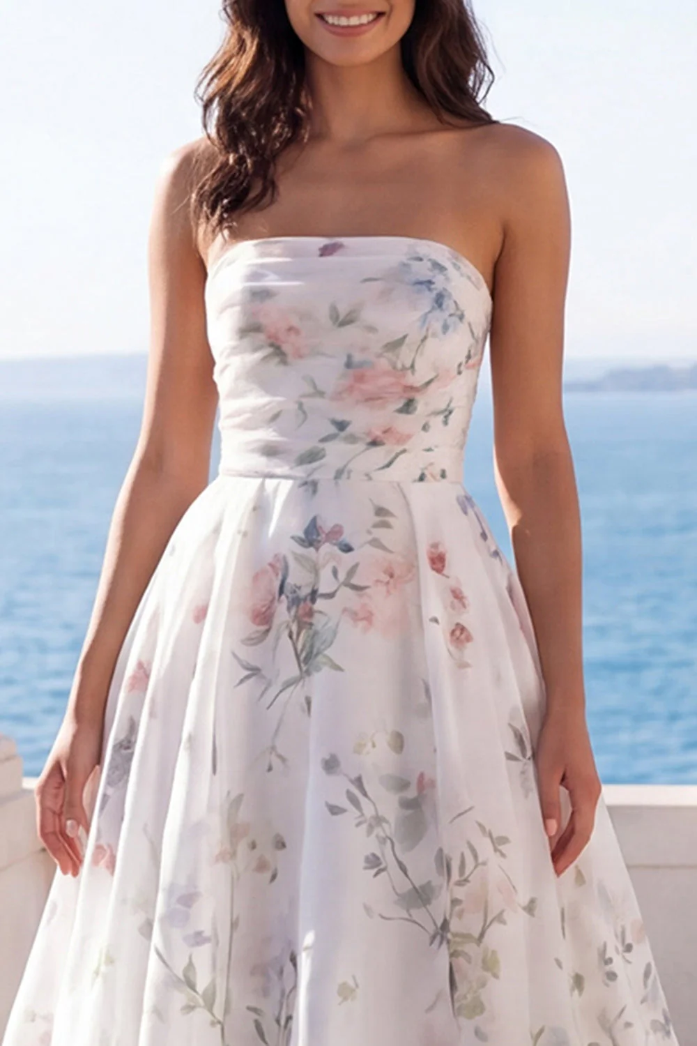 Robe de mariée sans bretelles A Line imprimée en ivoire avec traîne de chapelle - Image 3