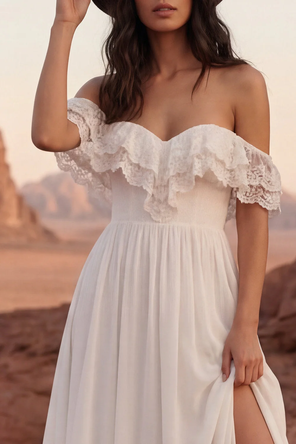 Robe de mariée simple en ivoire décalée longue de plage avec fente - Image 3