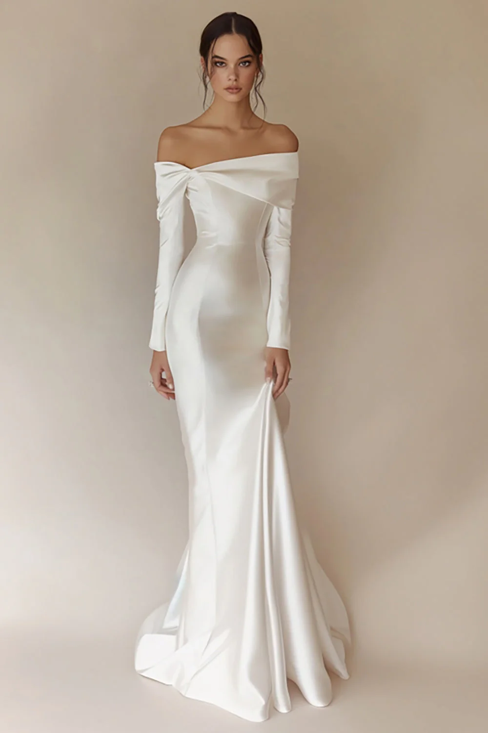 Robe de mariée sirène blanche à épaules dénudées à manches longues