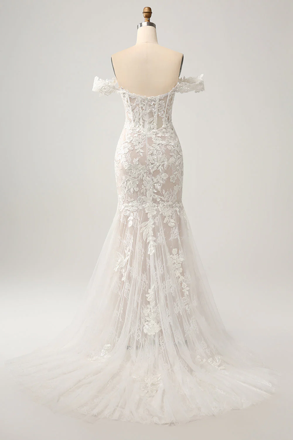 Robe de mariée sirène blanche à épaules dénudées avec dentelle appliquée - Image 2