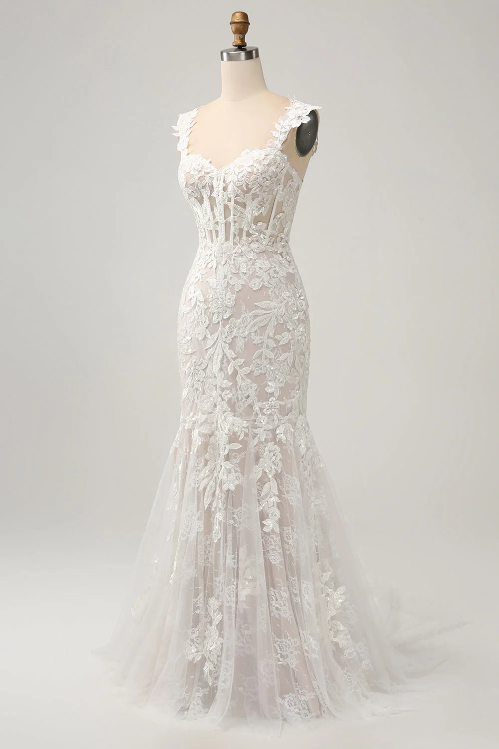 Robe de mariée sirène blanche à épaules dénudées avec dentelle appliquée - Image 3