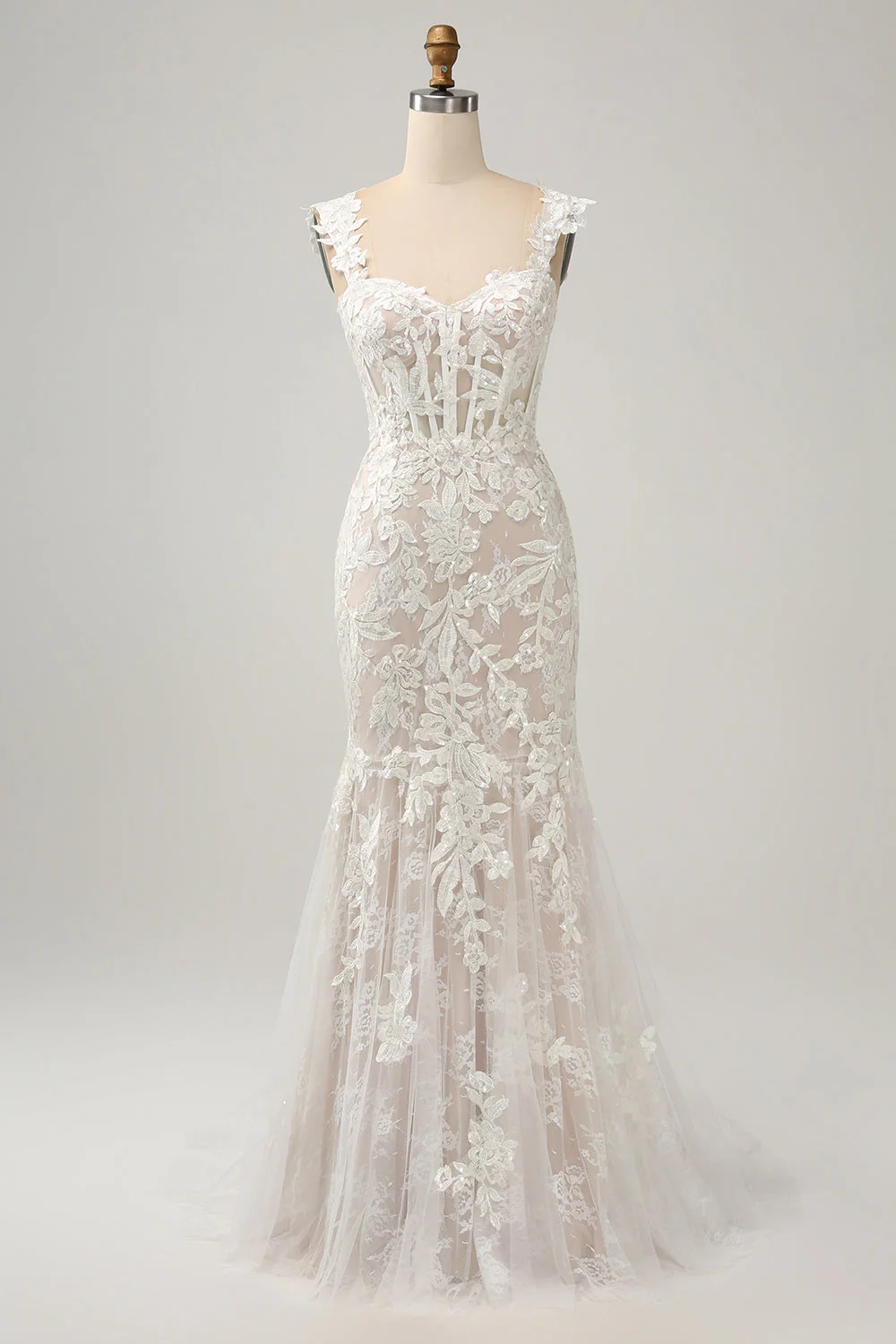 Robe de mariée sirène blanche à épaules dénudées avec dentelle appliquée - Image 4