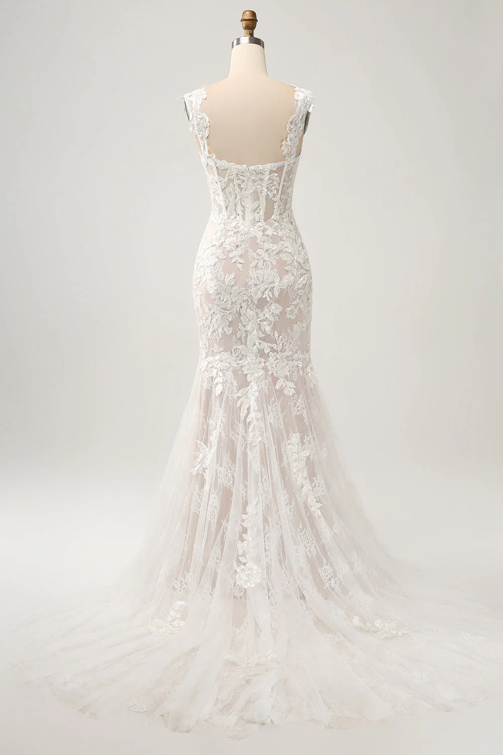 Robe de mariée sirène blanche à épaules dénudées avec dentelle appliquée - Image 5