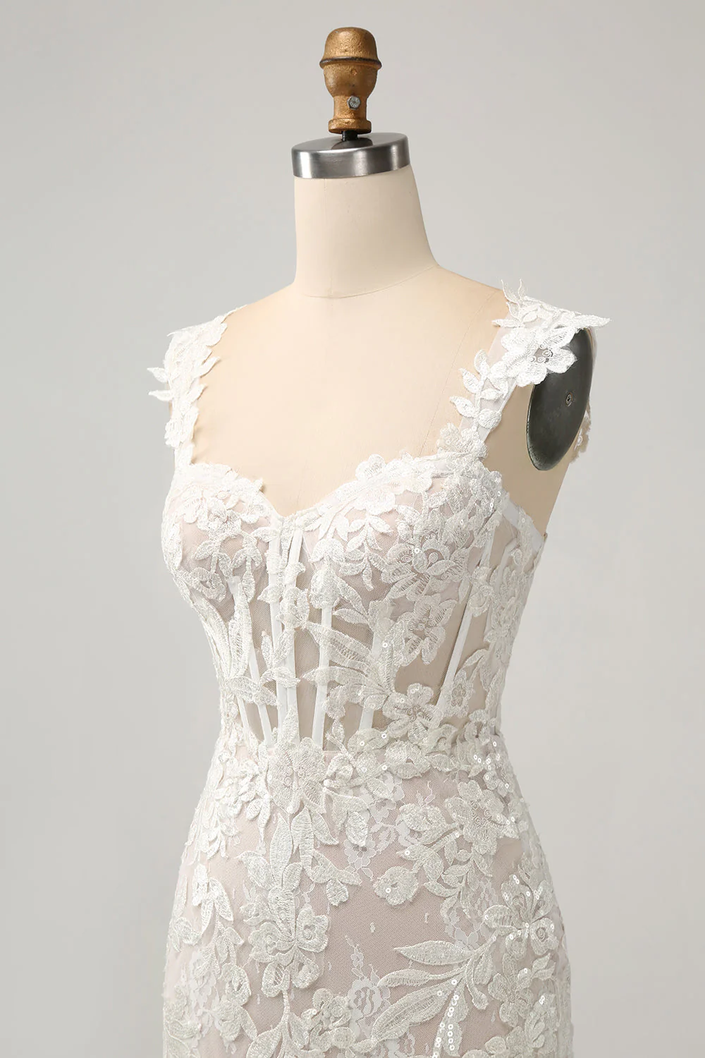 Robe de mariée sirène blanche à épaules dénudées avec dentelle appliquée - Image 7