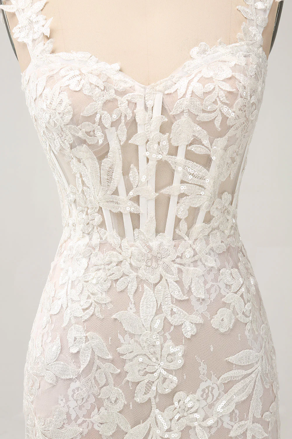 Robe de mariée sirène blanche à épaules dénudées avec dentelle appliquée - Image 9