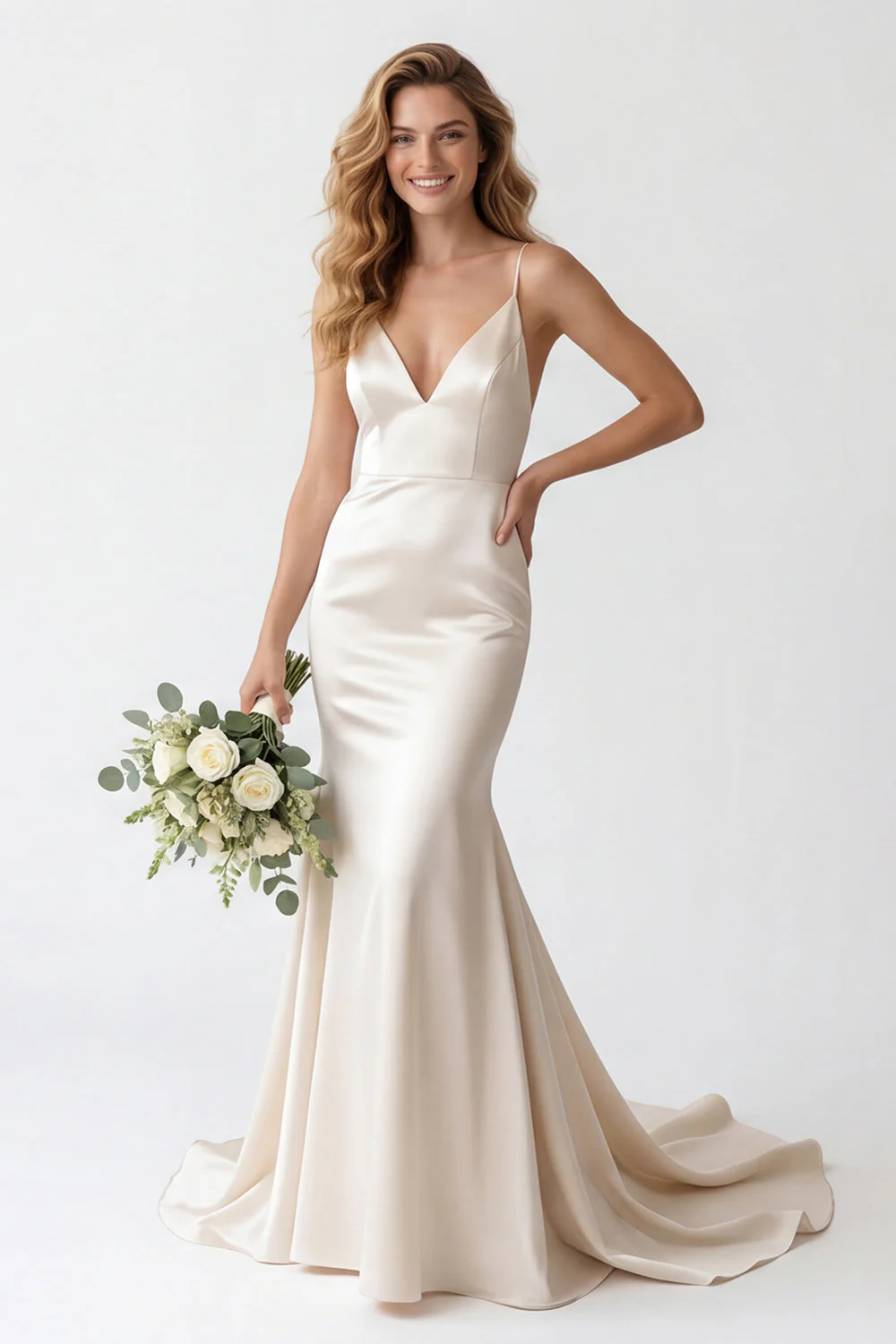 Robe de mariée sirène en satin en satin ivoire à bretelles en traîne