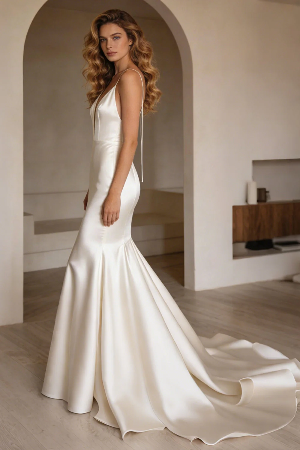 Robe de mariée sirène en satin en satin ivoire à bretelles en traîne - Image 4