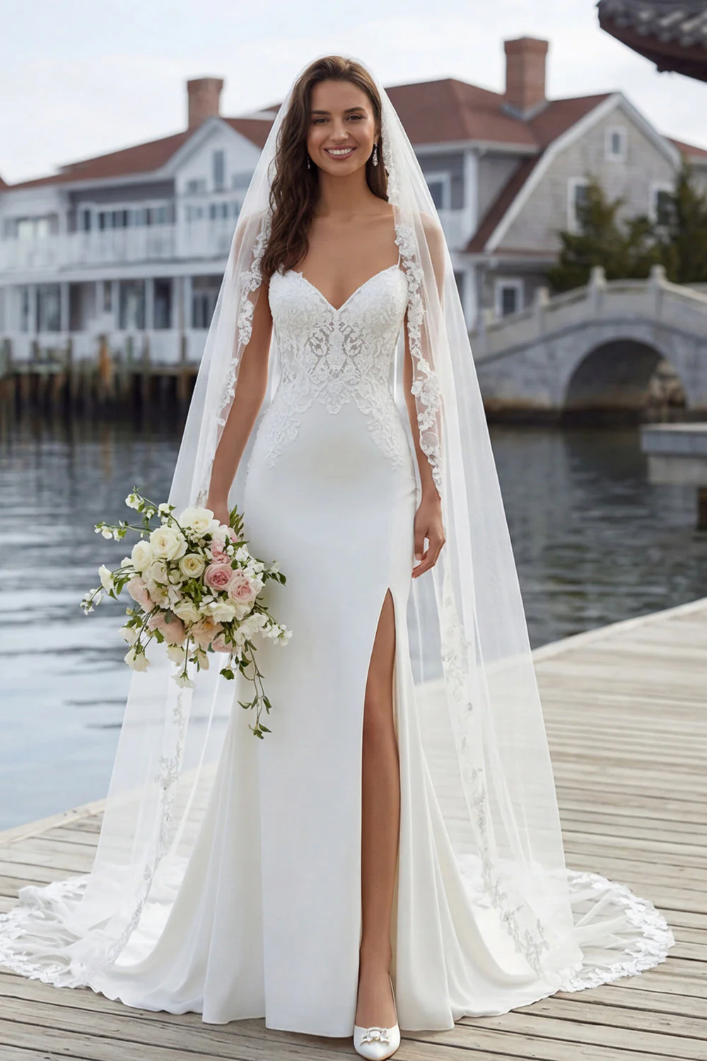 Robe de mariée traîne en satin en satin en lait en ivoire