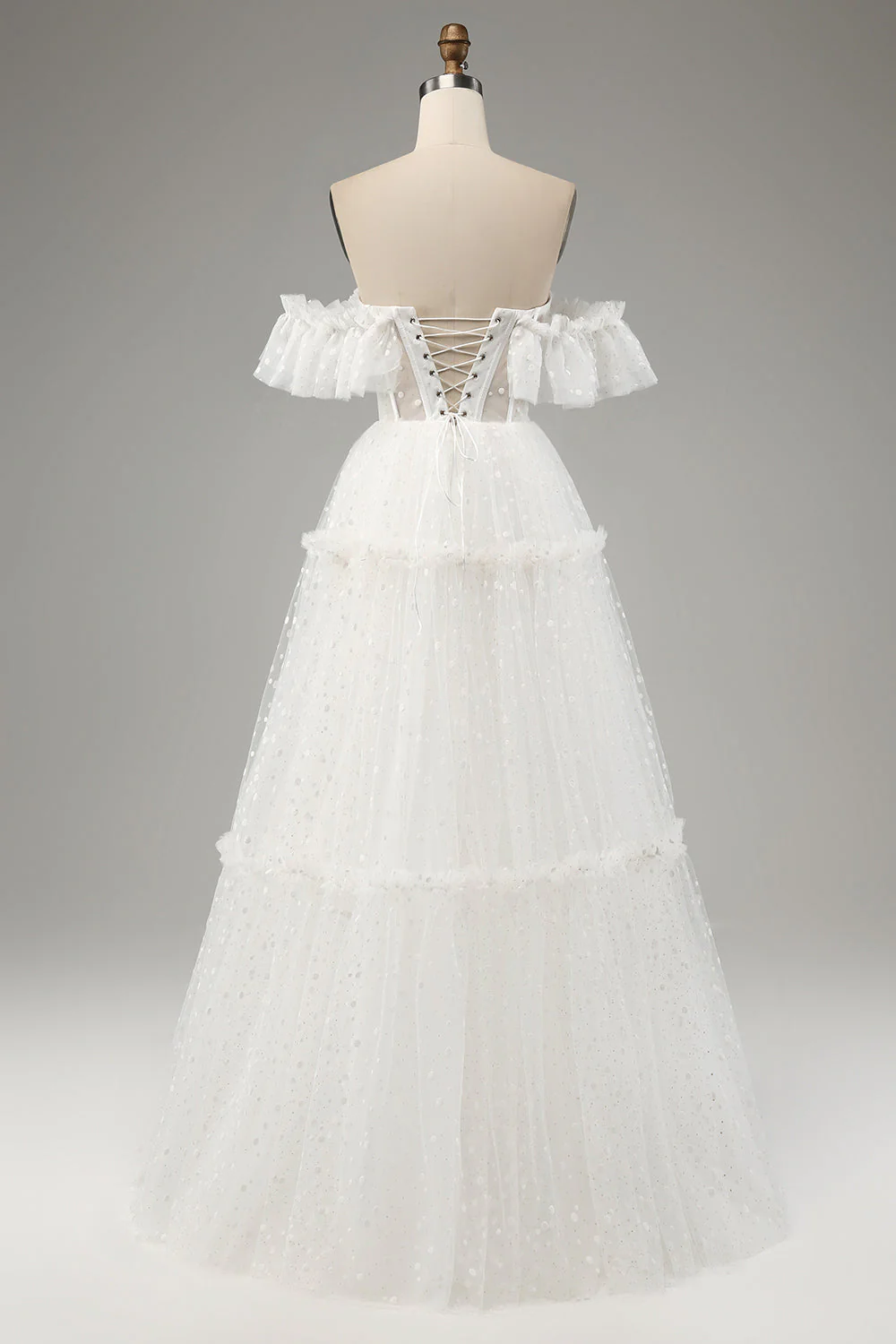 Robe de mariée trapèze ivoire en tulle à épaules dénudées - Image 2