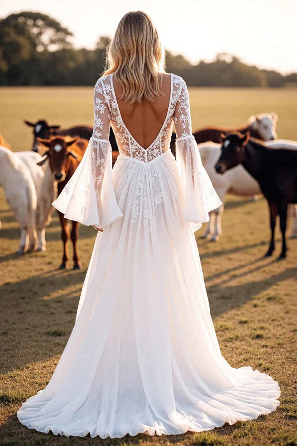 Robe de mariée western blanche à col en V avec dentelle - Image 2