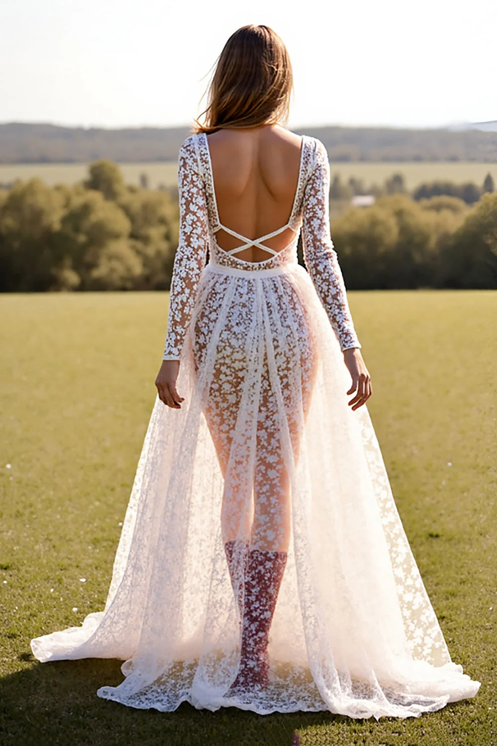 Robe de mariée western en dentelle blanche à manches longues - Image 2