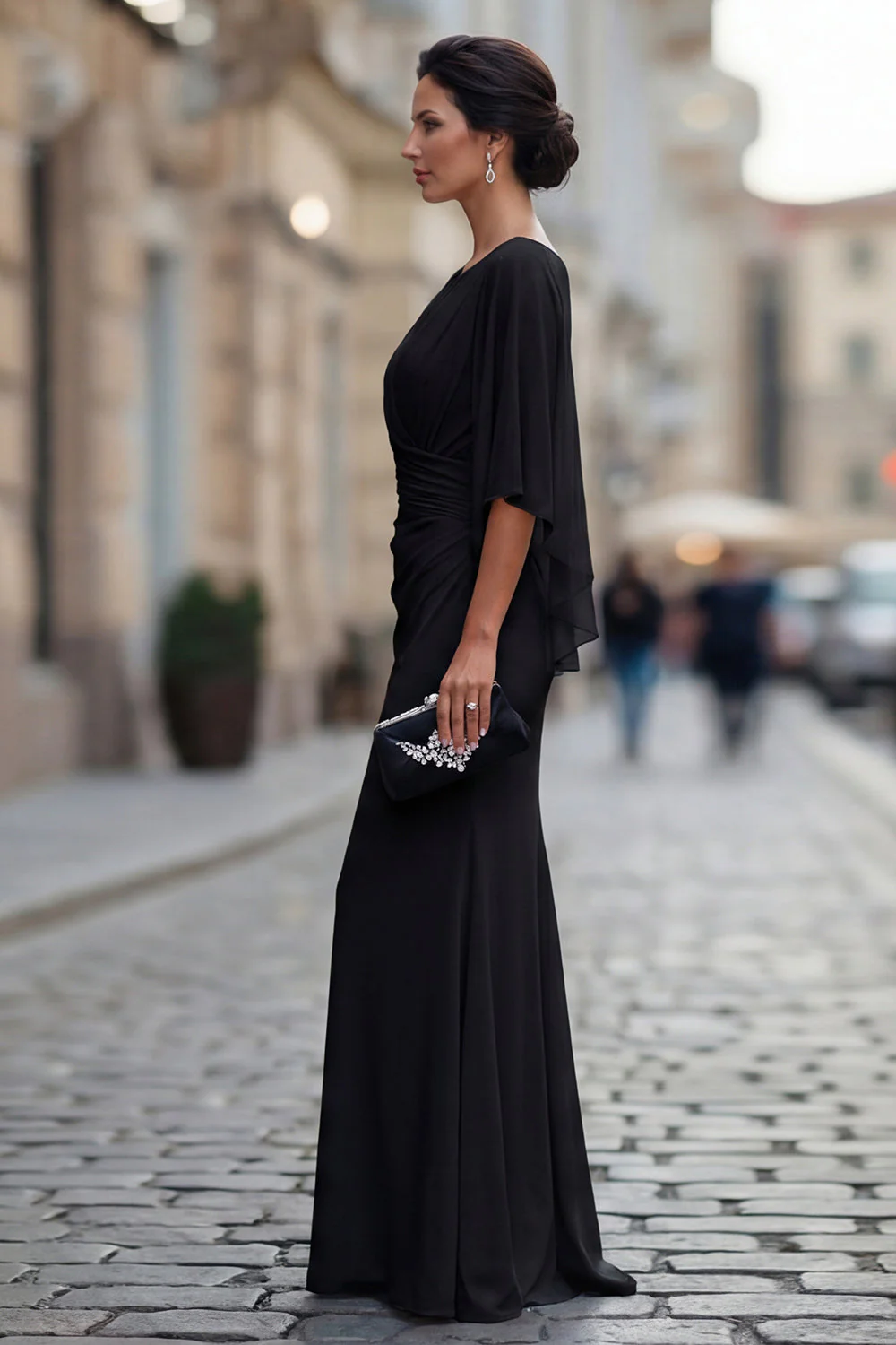 Robe de mère de la mariée à col rond sirène noire avec demi-manches - Image 3