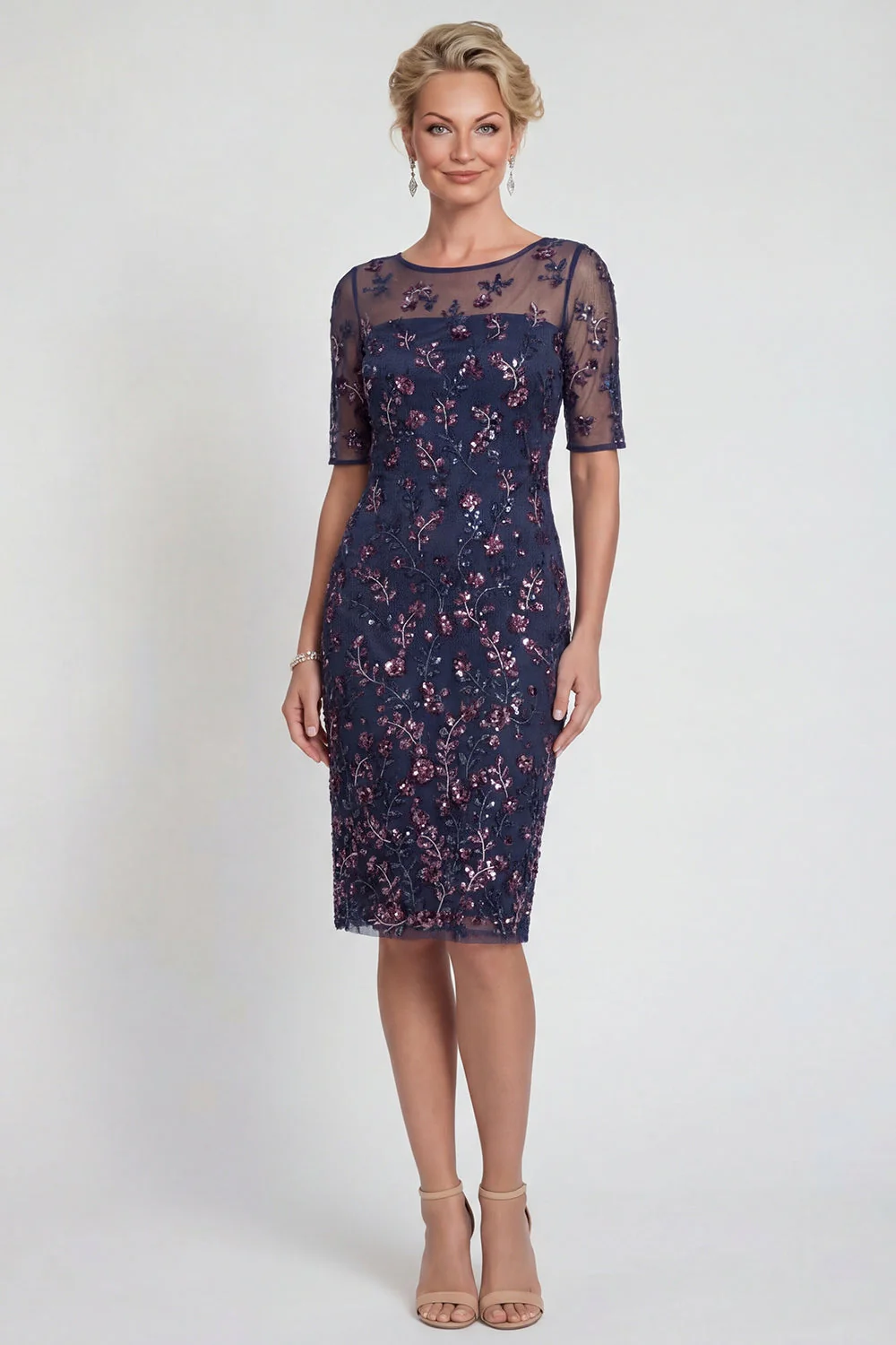 Robe de mère de la mariée à étui bordeaux à paillettes à col bateau - Image 5