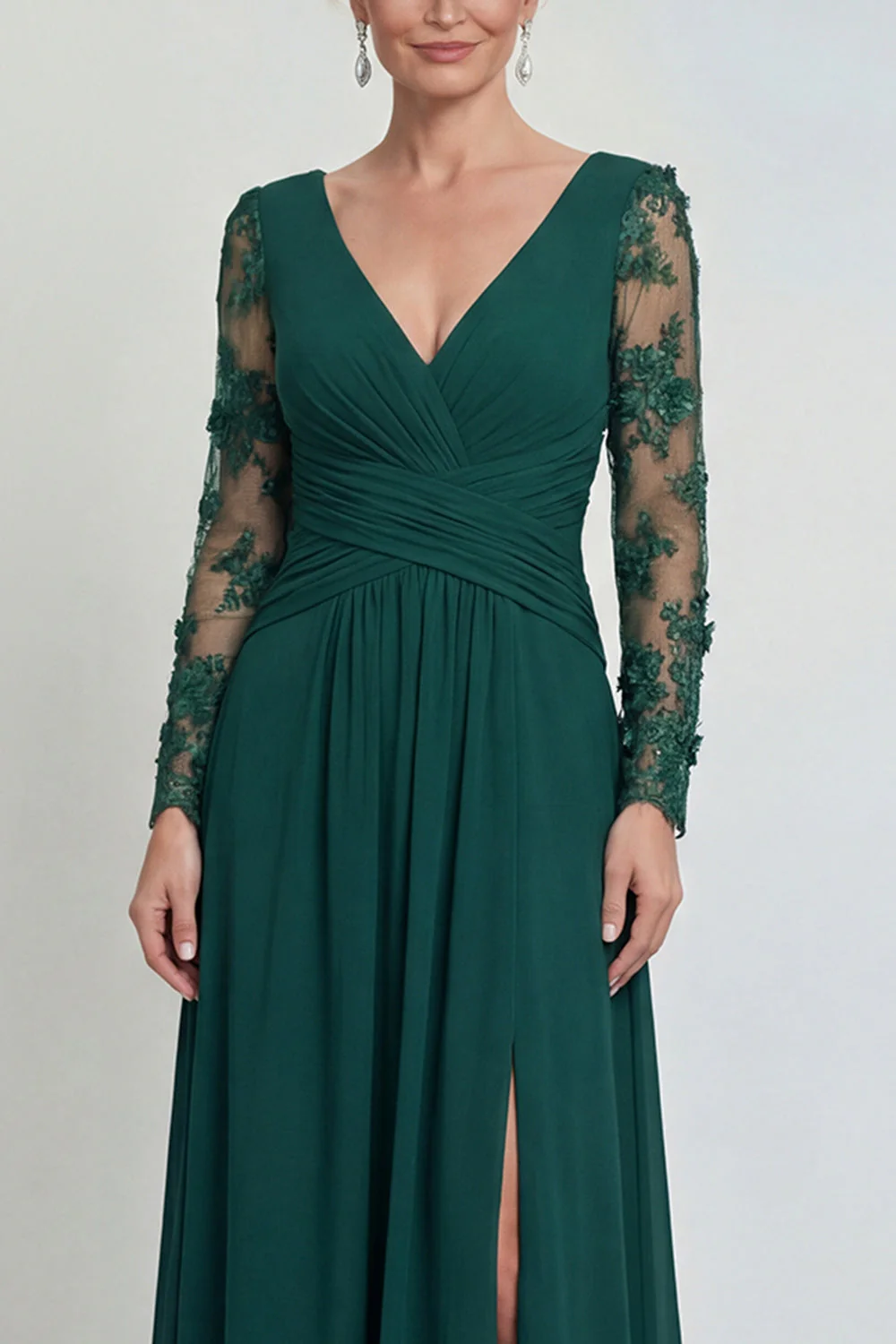 Robe de mère de la mariée à manches longues à manches longues vert foncé avec fente - Image 3