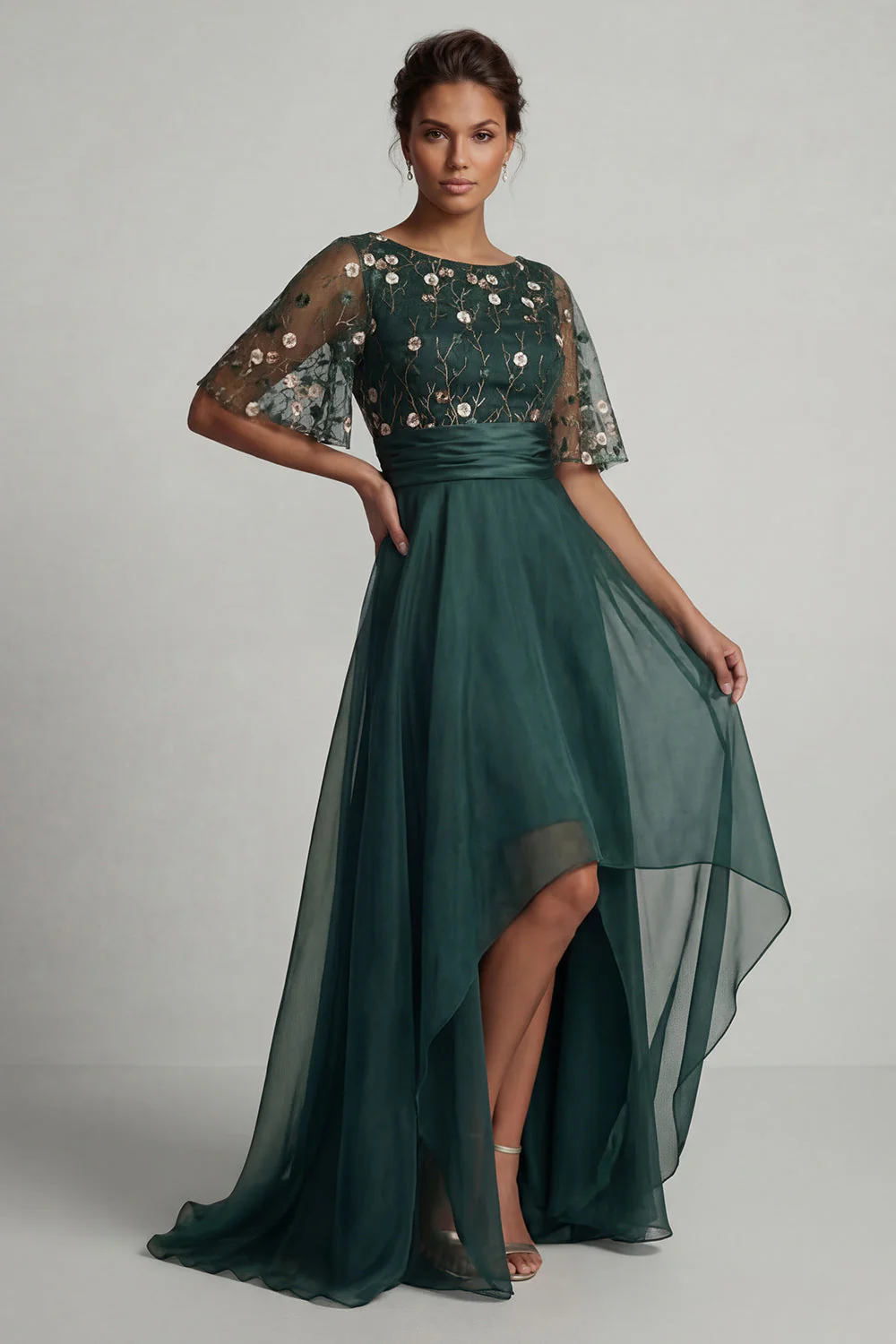 Robe de mère de la mariée à marge de la mariée vert foncé A Line High Low Neck - Image 3