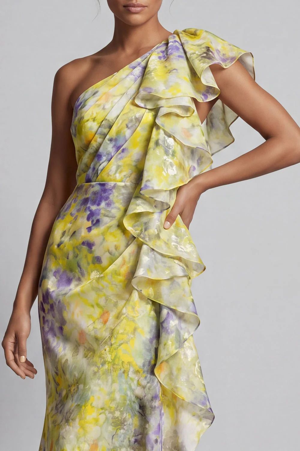Robe de mère de la mariée à motifs floraux jaunes avec des volants - Image 4