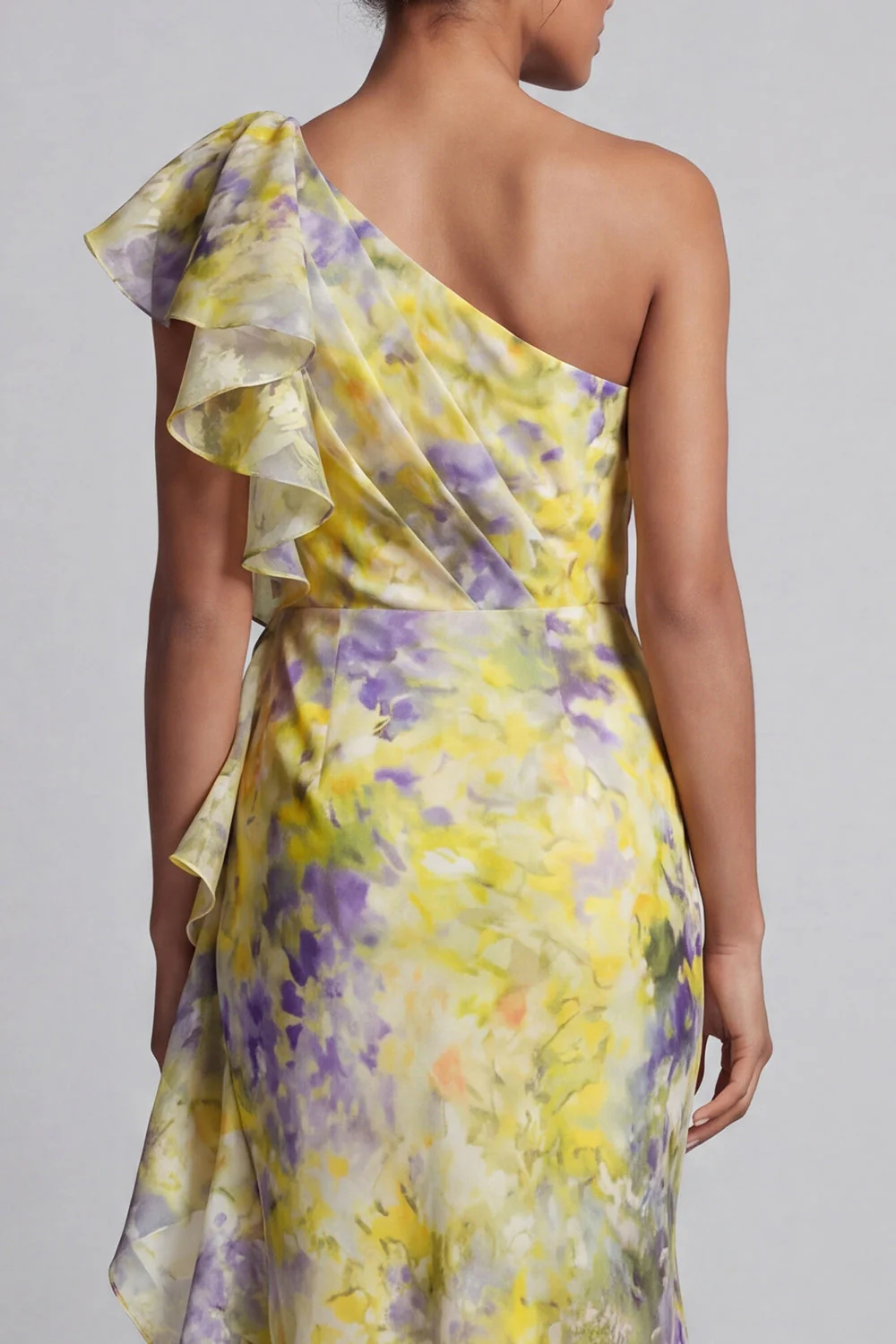 Robe de mère de la mariée à motifs floraux jaunes avec des volants - Image 5