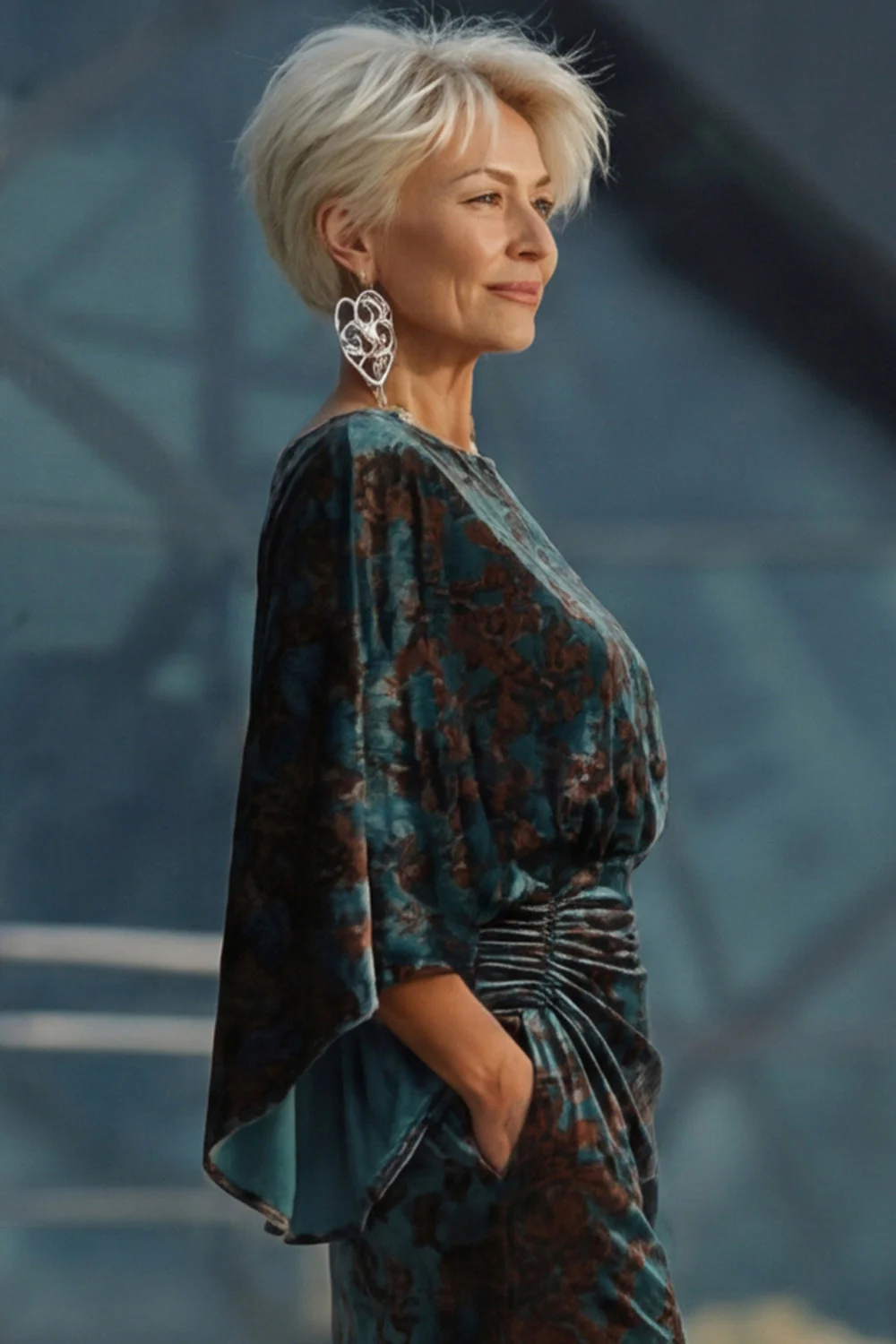 Robe de mère de la mariée à motifs vert foncé à fourreau froissé avec manches évasées - Image 6