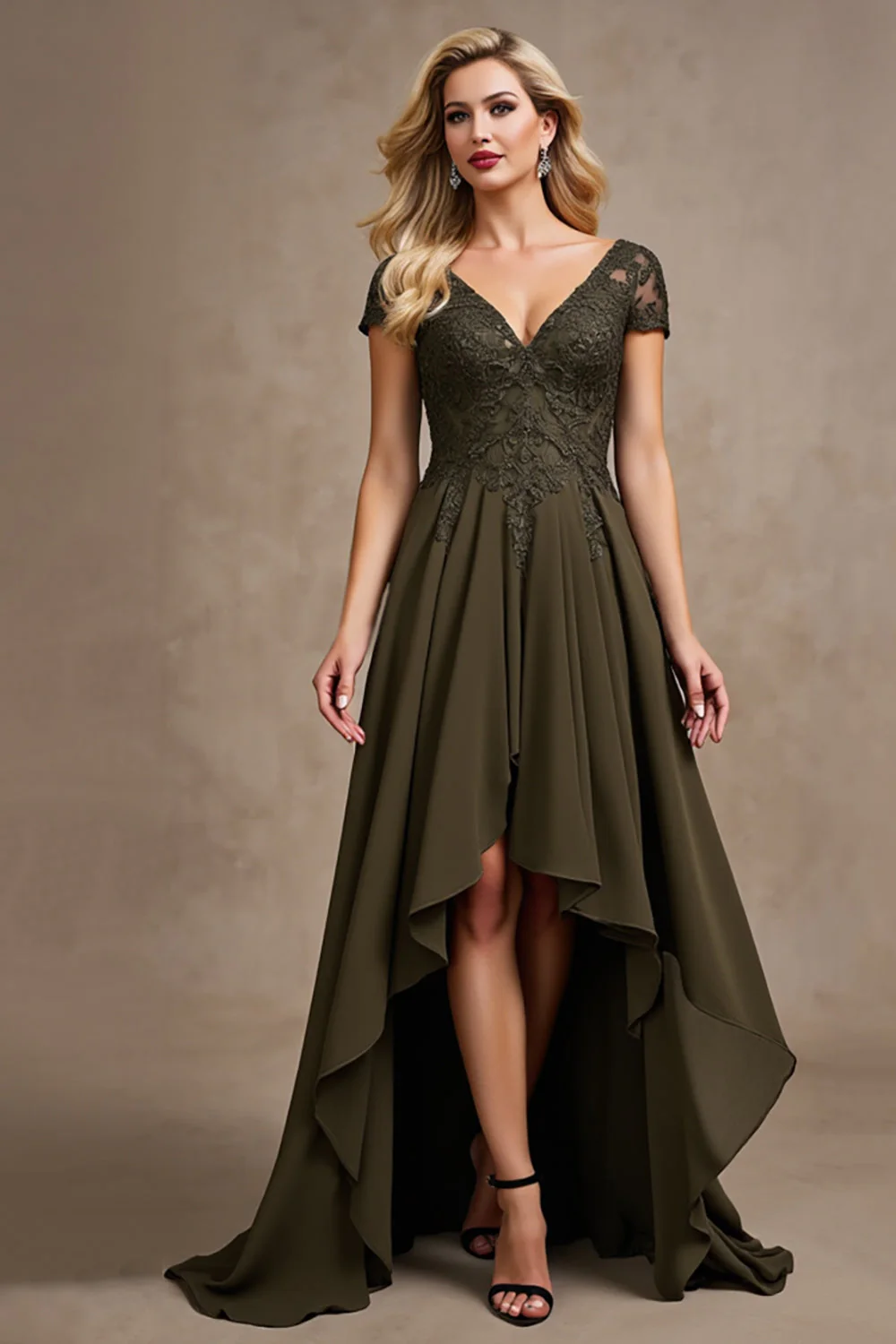 Robe de mère de la mariée asymétrique en satin olive haute basse - Image 3