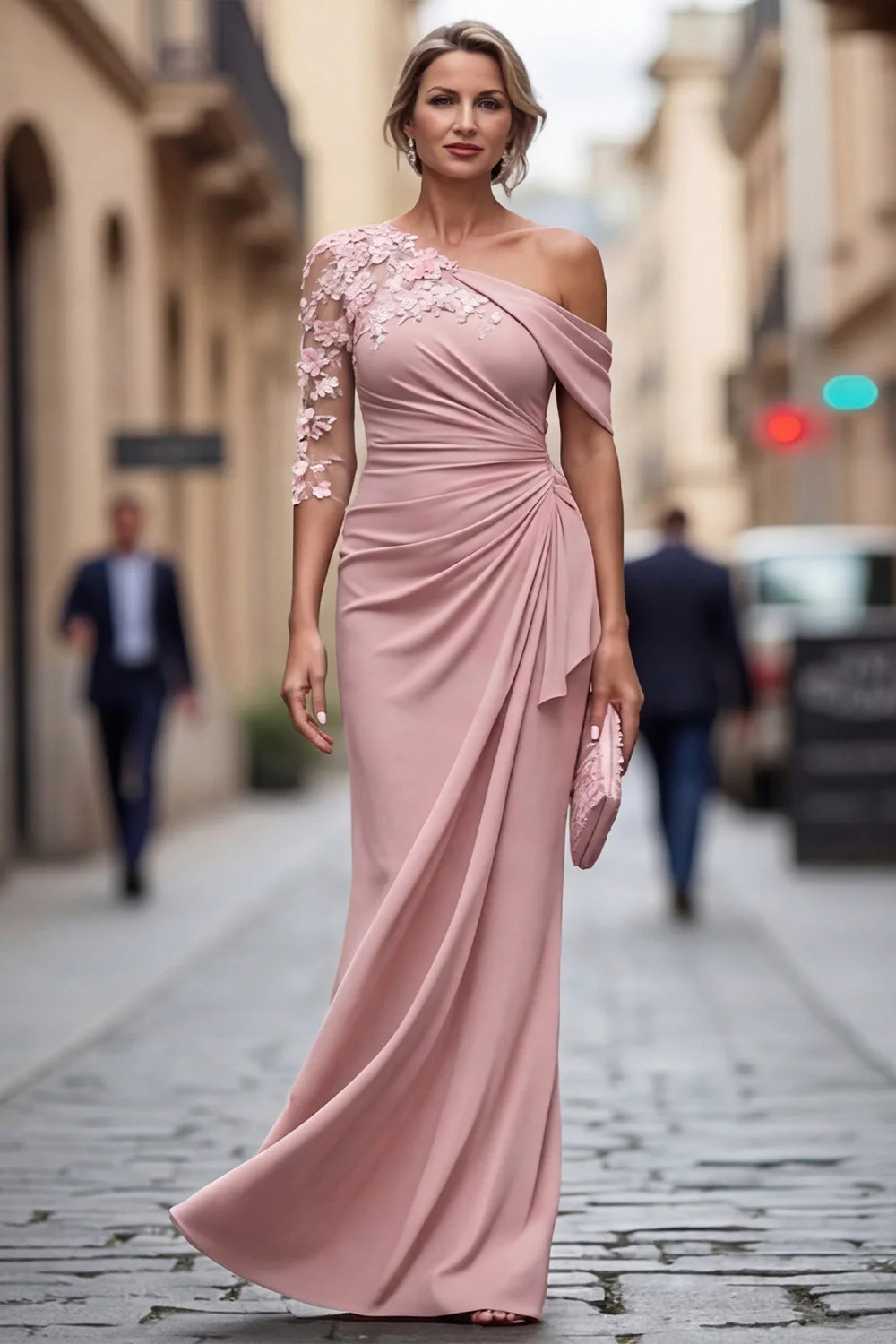 Robe de mère de la mariée bleu pâle à épaule unique et froncée longue avec des fleurs 3D