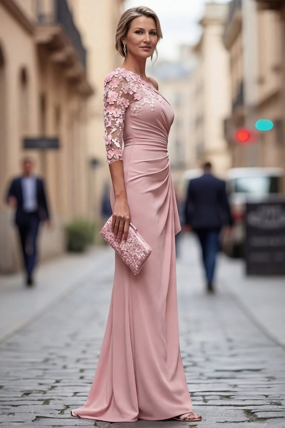 Robe de mère de la mariée bleu pâle à épaule unique et froncée longue avec des fleurs 3D - Image 3