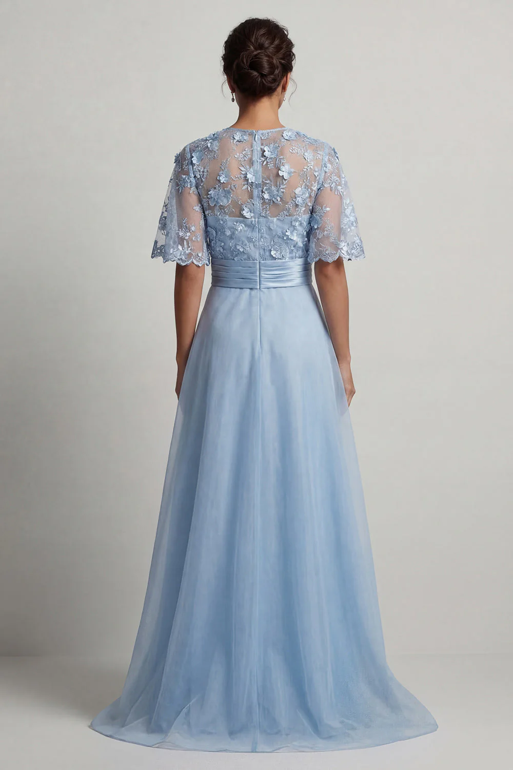 Robe de mère de la mariée en chiffon bleu ciel A Line à manches longues avec des fleurs 3D - Image 2