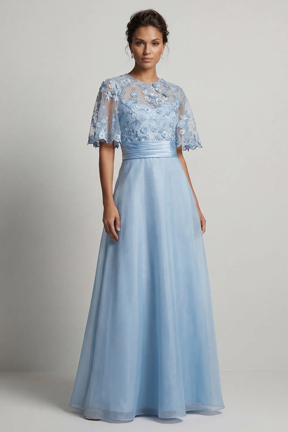 Robe de mère de la mariée en chiffon bleu ciel A Line à manches longues avec des fleurs 3D - Image 3