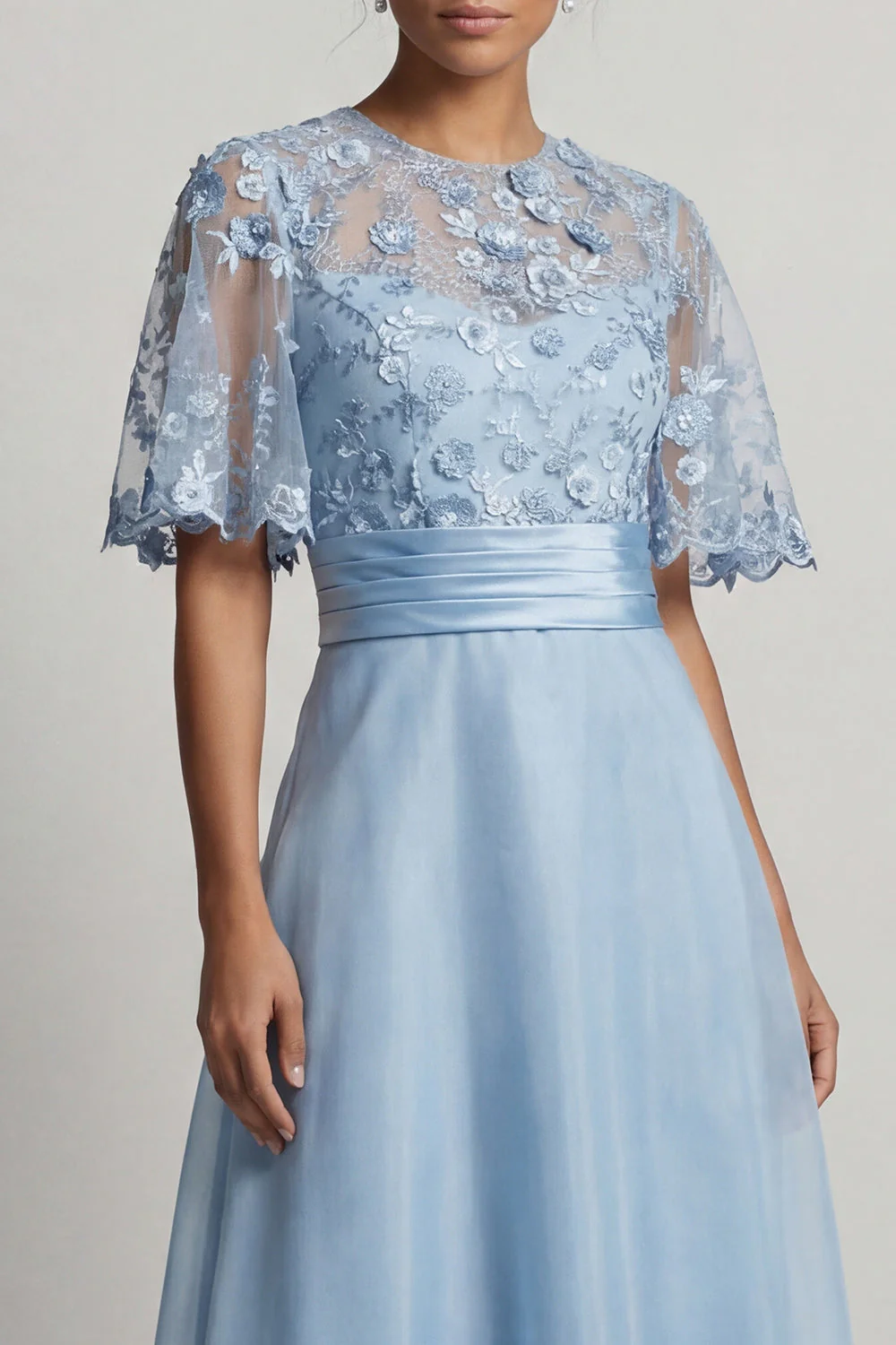 Robe de mère de la mariée en chiffon bleu ciel A Line à manches longues avec des fleurs 3D - Image 4