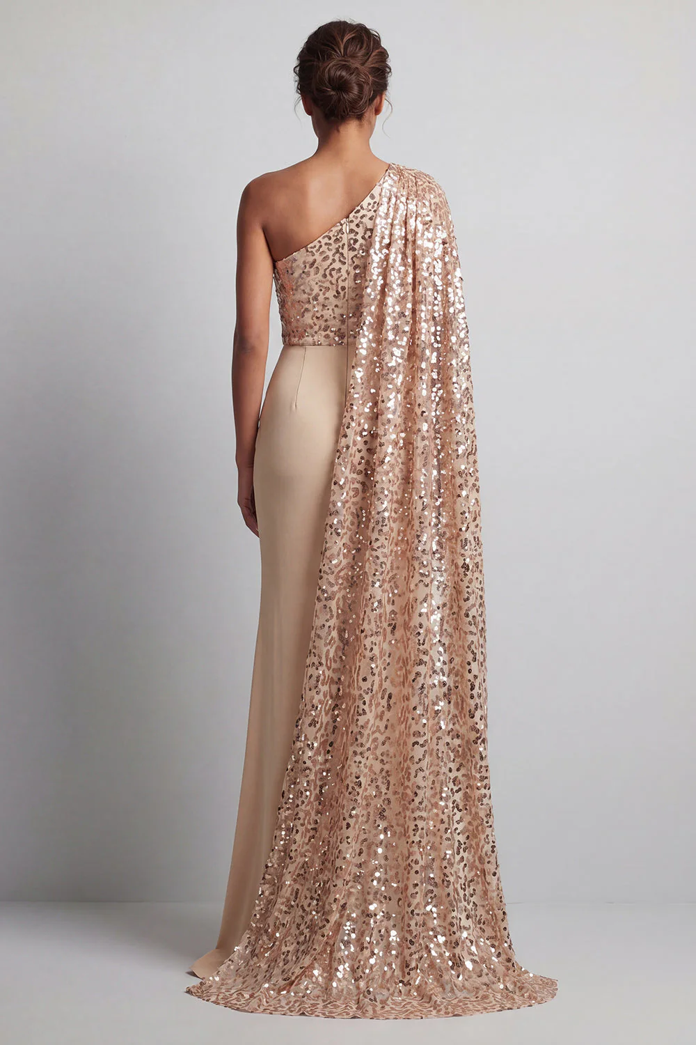 Robe de mère de la mariée en paillettes champagne scintillante sur une épaule avec cape latérale - Image 2
